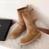 Suede Chunky Women High Boots Designer Buckle Mid Heels Shoes 2025 Trend Winter Pumps Goth Mid Calf Motorcycle Botas De Mujer