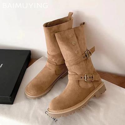 Замшевые толстые женские высокие сапоги дизайнерские туфли на среднем каблуке с пряжкой 2025 года, зимние туфли-лодочки в готическом стиле средней длины для мотоциклистов Botas De Mujer