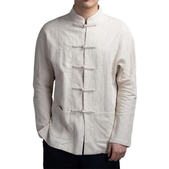 Men Autumn Chinese Style Shirt Top Mandarin Collar Long Sleeve Pockets Disc Button Traditional Kung Fu Tai Chi Shirt Tang Tops Uniform