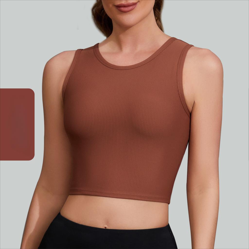 Women's Thin with Chest Pads Solid Colour Ribbed Shockproof Short Sports Fitness Yoga Tank Tops