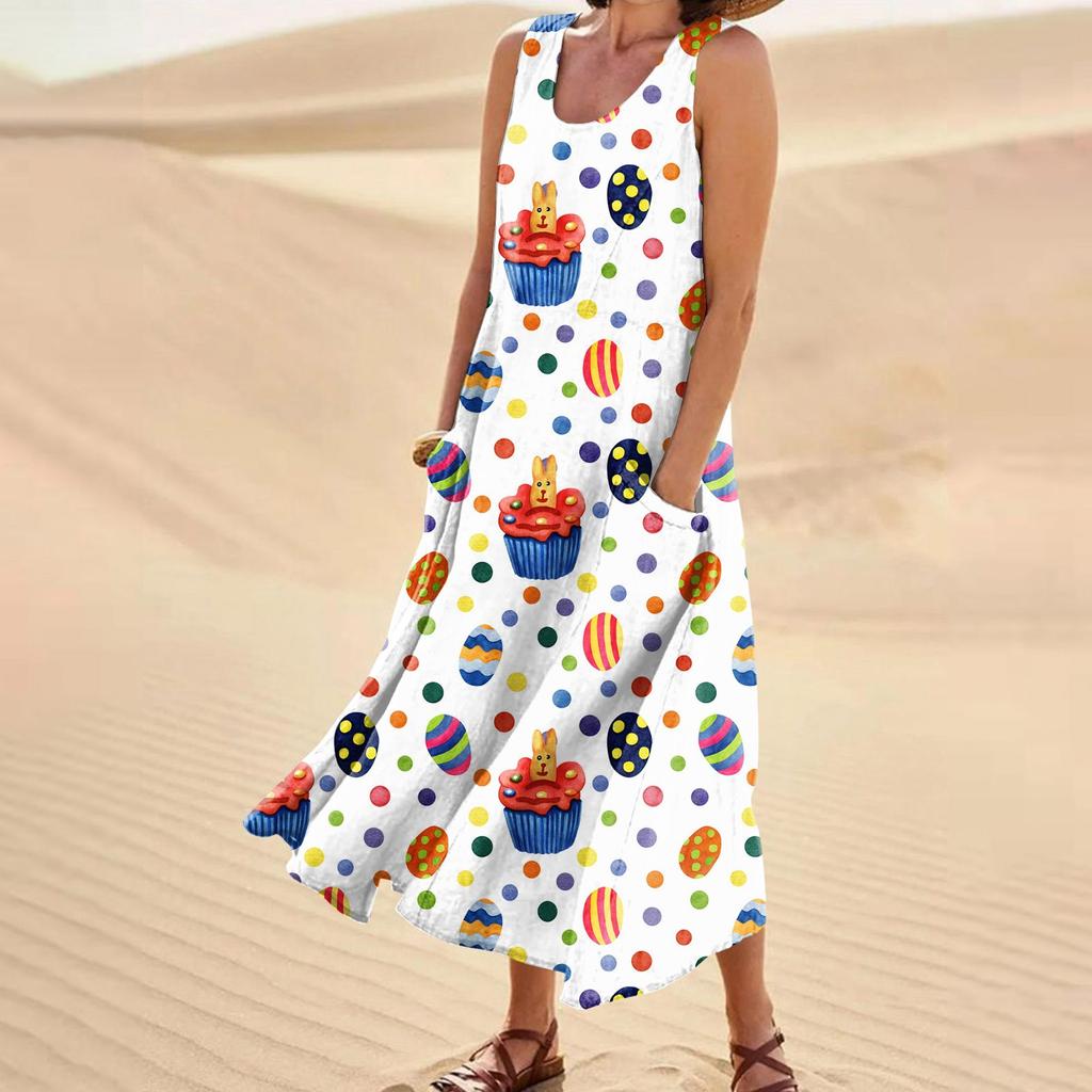 Women's Summer Casual Fashion Easter Printed Sleeveless Round Neck Pocket Dress