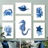 Nautical Watercolor Coral Seaweed Crab Octopus Shell Navy Blue Poster And Prints Wall Art Canvas Painting Living Room Home Decor
