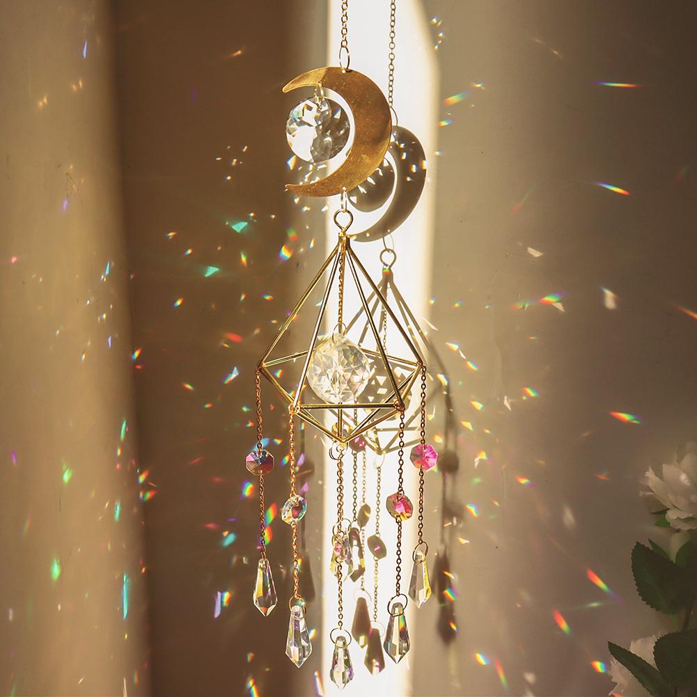 Crystal Wind Chime Moon Sun Catcher Windchimes Crystal Hanging Prism Rainbow Maker Sun Light Catcher Pendant Home Garden Decor