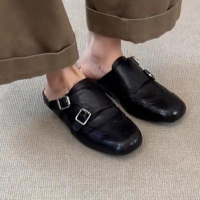Версия из мягкой кожи~ однопедальные двубортные из мягкой кожи черные туфли-лодочки женские ретро универсальные с квадратным носком на блочном каблуке полушлепанцы