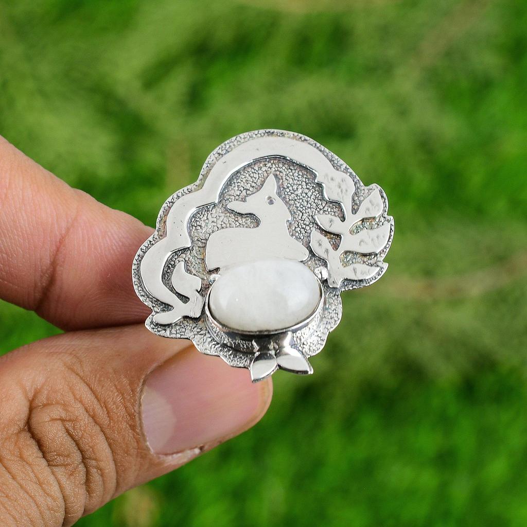 Sterling Silver Oval Rainbow Moonstone Stone Mother Boho Solitaire Ring Jewelry