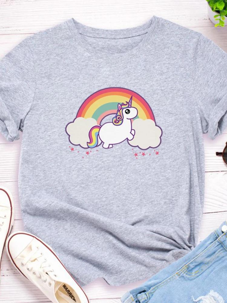 Радужный Единорог Принт Женская Футболка Короткий Рукав O Шея Свободная Женская Футболка Женская Футболка Топы Одежда Camisetas Mujer