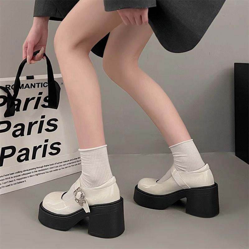 Черные туфли на толстом каблуке и платформе из кожи, женские весенние туфли Мэри Джейн с французским эффектом, короткие туфли на высоком каблуке