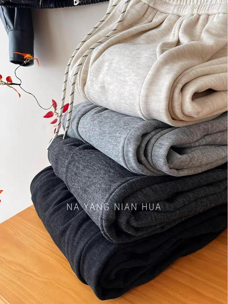 Petite Fleece-Lined Slimming Straight-Leg Pants for Women - Autumn/Winter Elastic Waist Casual Versatile Style