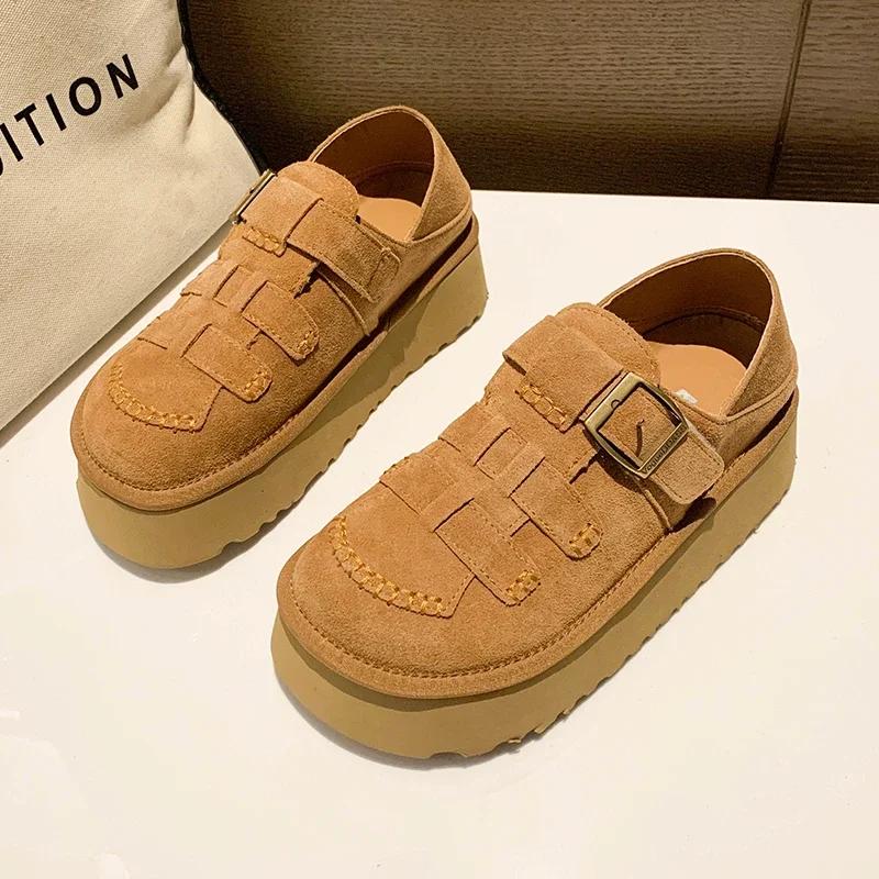 Распродажа модной женской обуви 2024 года, новые женские туфли на плоской подошве с пряжкой, осенние туфли с круглым носком, однотонные, повседневные туфли на платформе для офиса, большого размера
