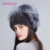 Winter Mink Fur Hat for Women Silver Fur Knitted Cap Female Beanie Weaving with Fox Fur