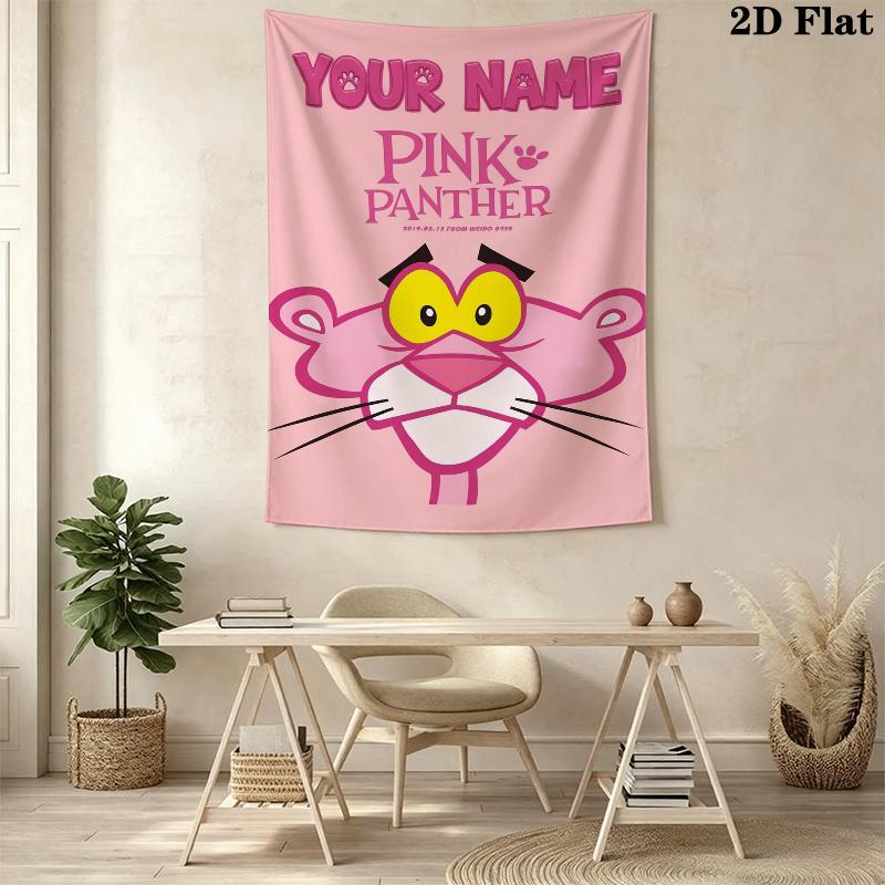 Custom Name Pink Panther Wall Tapestry Aesthetic Wall Hanging Printed Fabric Blanket Decorative Tapestries for Bedroom Living Room Home Decor