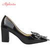 Fashion Aphixta Elegant Square Heels Patent Leather Official Pumps Women Bling Sequins Butterfly-knot Pointed Toe Dress Shoes Woman