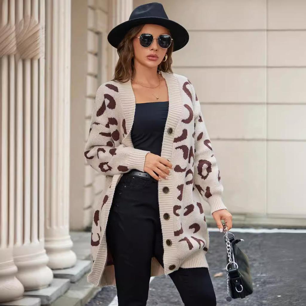 2024 Осень Зима Вязаные Леопардовые Свитера Женские Корейские Кардиганы С V-образным Вырезом Толстые Принты Пальто Свободные Пуговицы Верхняя Одежда Топы