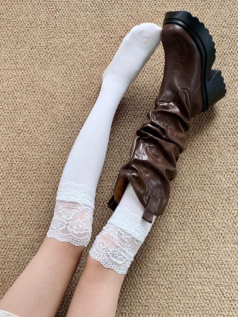 Чулки Женские Толстой Вязки Однотонные Кружевные Гетры До Бедра Носки Осень и Зима Милые Длинные Черные Носки для Женщин