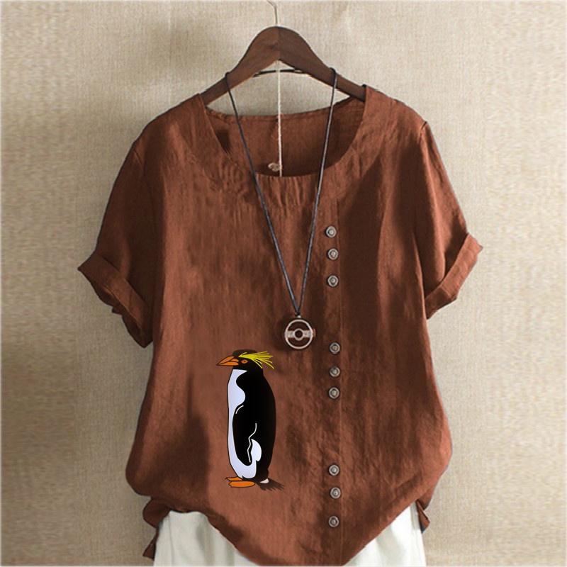 Women's New Fashion Linen Shirt Round Neck Short Sleeve Penguin Printed T-shirt Summer Ladies Casual Plus Size Blouse Tops