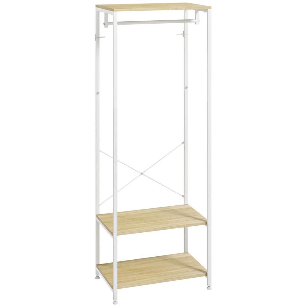 Coat Rack with Hanging Rail and 2 Shoe Shelves, 60x40x167.5cm, Light Wood Look, White Metal