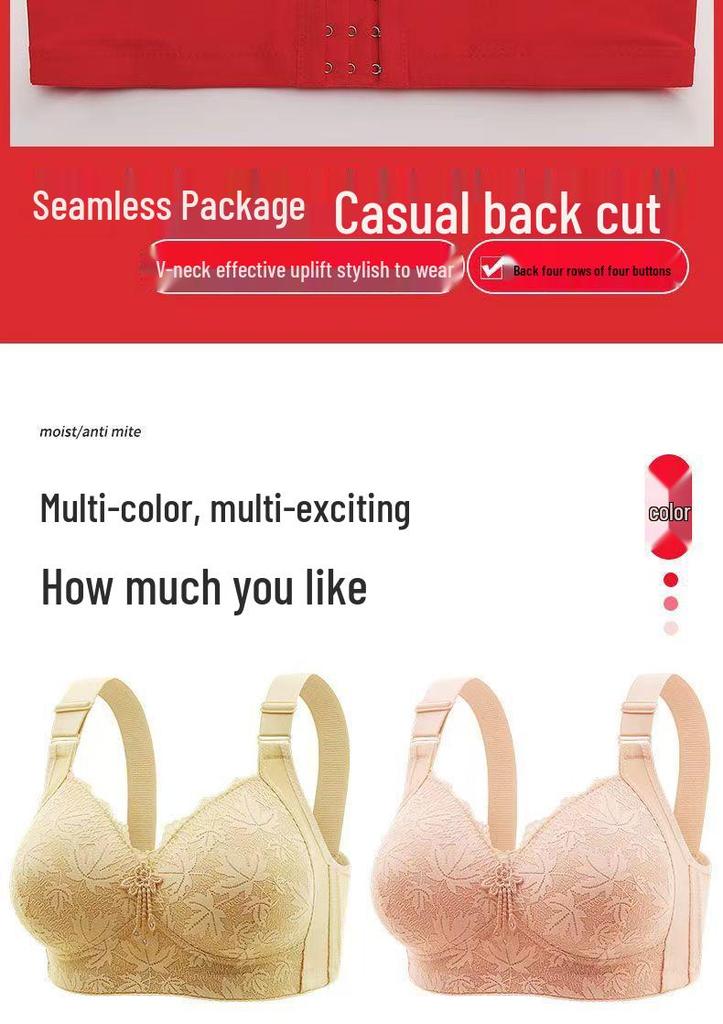 Plus Size Wire-Free Lace Bra: Breathable, Push-Up, Side Support, Anti-Sagging, Slimming Effect for Middle-Aged and Elderly Women
