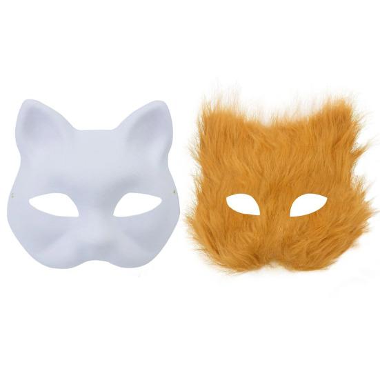 Cat Masque DIY Set White Paper Cat Masque with Eye Mesh Faux Fur Unfinished Cat Masque for Kids Adults DIY Painting