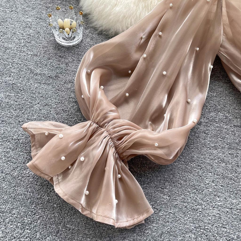 Premium Sense of Niche Design Sense Beading Bow Flare Sleeve Shirt Autumn Women's Clothing Celebrity Temperament Shirt