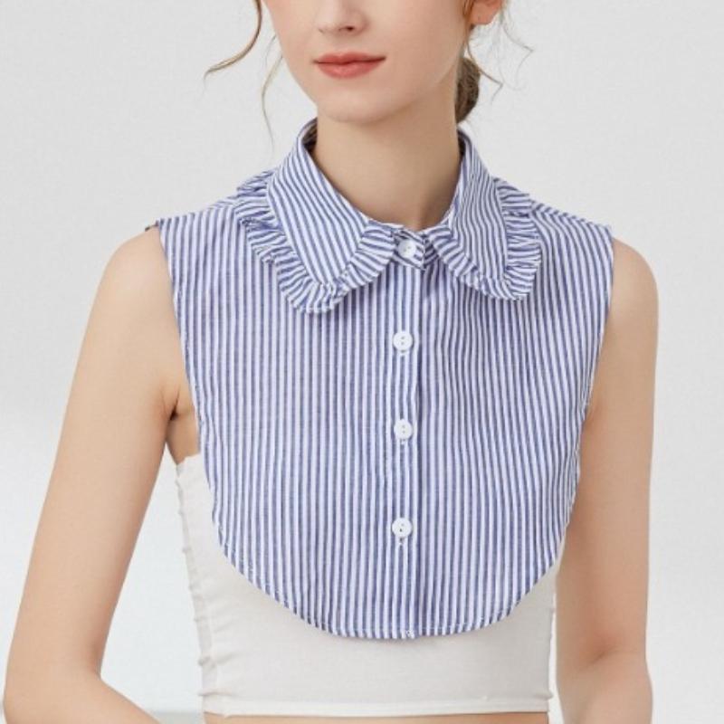 Идеальное Сочетание Синяя Полоска Плиссированный Ложный Воротник С Кружевом Лист Лотоса Съемный Воротник Рубашка Дикки Половина Блузки Ложный Воротник Для Женщин Девушек