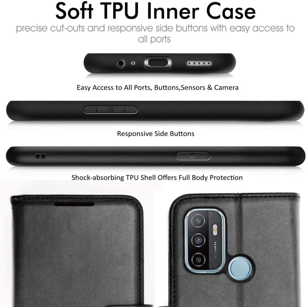 Leather Wallet Case for Oppo A53 / A32, Flip Protective Case Cover with Wallet Card Holder, Stand & Wrist Strap