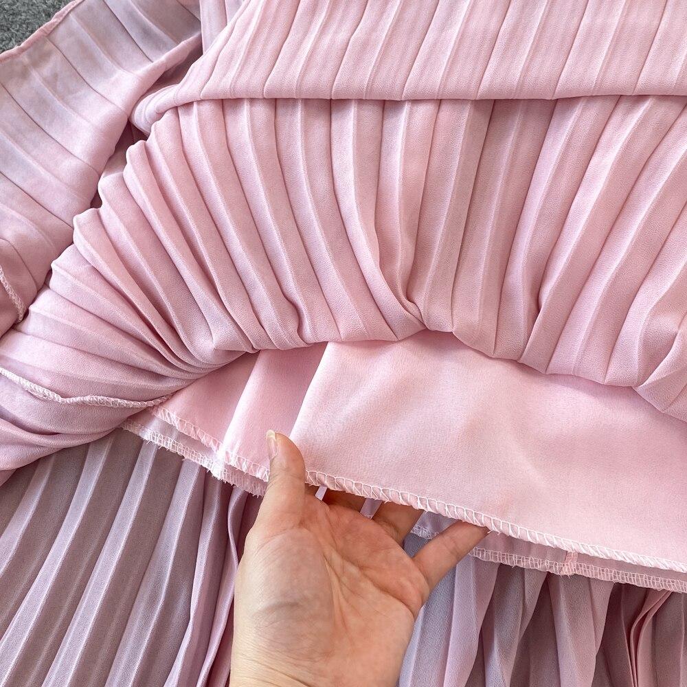 Весеннее корейское шикарное легкое зрелое стильное плиссированное платье с воротником-стойкой и высокой талией на шнуровке на талии Элегантное большое свободное платье