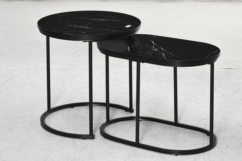 Nest of Tables with Steel Frame and Faux Marble Tabletop, Modern Coffee Table Set of 2, Black/White