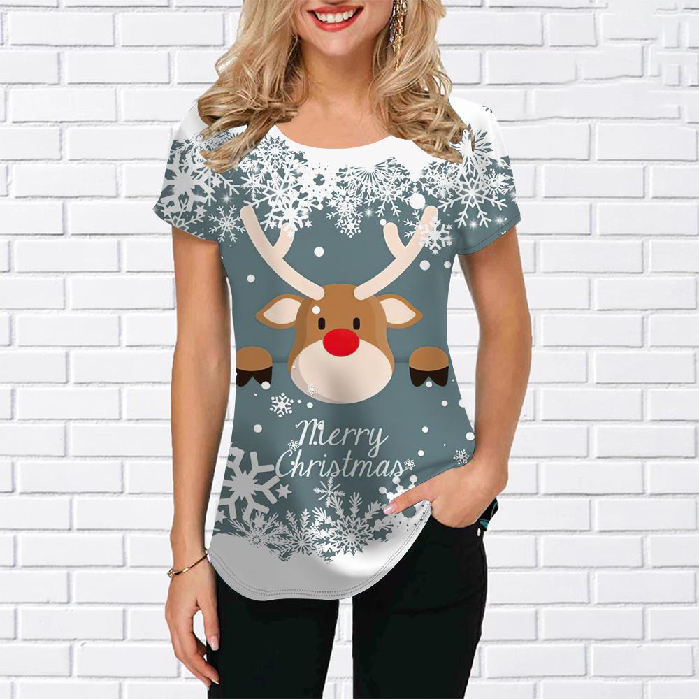 Футболка с изображением лося и снеговика для женщин, летняя футболка большого размера, топ с рождественским принтом и графическим принтом, 2023, модные повседневные женские футболки с круглым вырезом, пуловер
