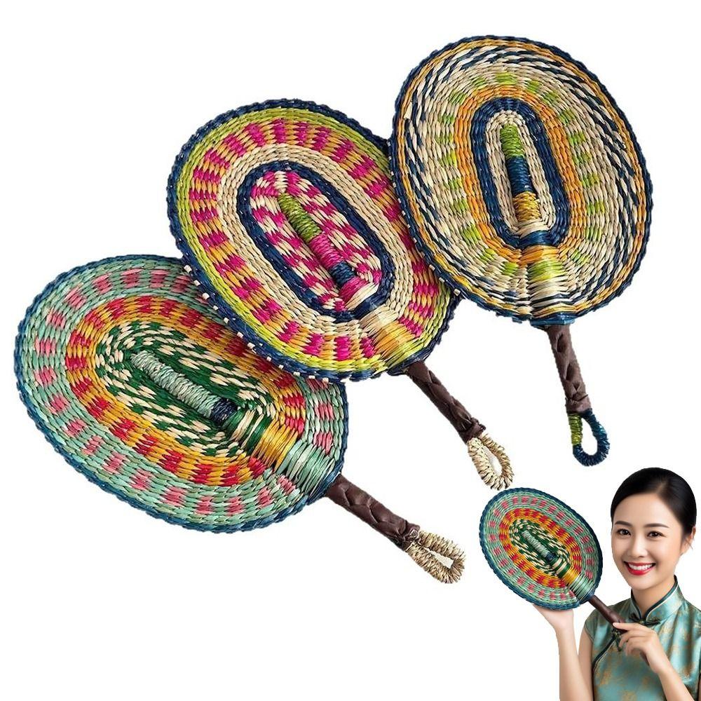 Vintage Seagrass Woven Fan Colorful Striped Patterns Cattail Fan Summer Cooling Fan Photo Prop