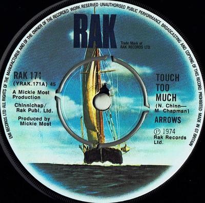 7-дюймовая пластинка ARROWS - Touch Too Much RAK171 RAK 1974 UK Рок Б/У