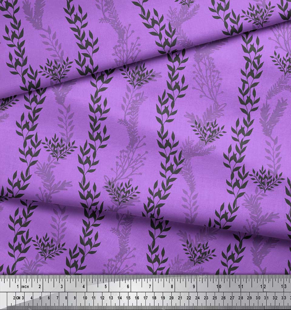 Soimoi Purple Japan Crepe Satin Fabric Stencil Leaves Print Fabric by metre 42 Inch