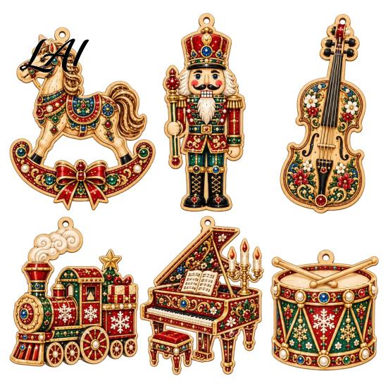 Nutcracker Decorations 6Pcs/Set Wooden Christmas Hanging Ornaments Retro Rocking Horse Train Decorations Classic Tree Pendants Seasonal Piano Violin