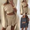 2 Pcs/Set Women Cropped Top Shorts Set Long Slit Sleeve Boat Neck Off Shoulder Solid Color