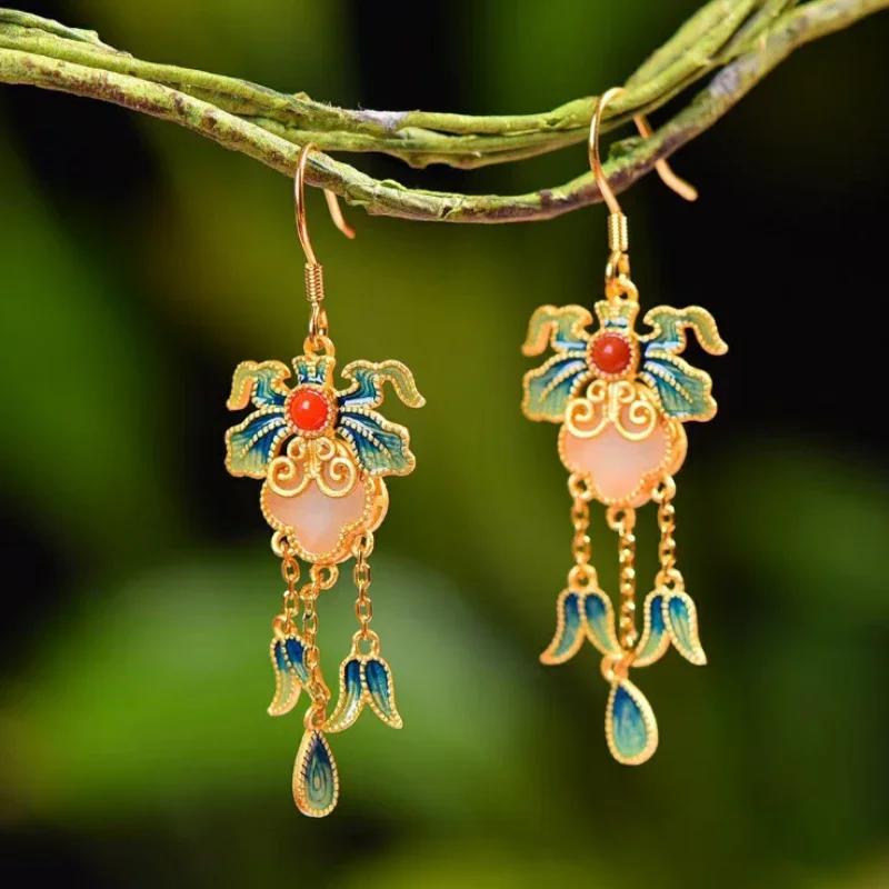 Natural Hetian White Jade Enamel Porcelain Tassel Earrings for Women Ancient Gold Craftsmanship Ancient Rhyme Court Jewelry