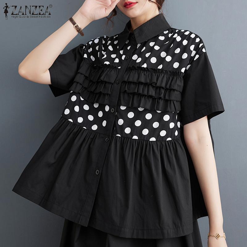 ZANZEA Женская повседневная блузка с отложным воротником и коротким рукавом в горошек