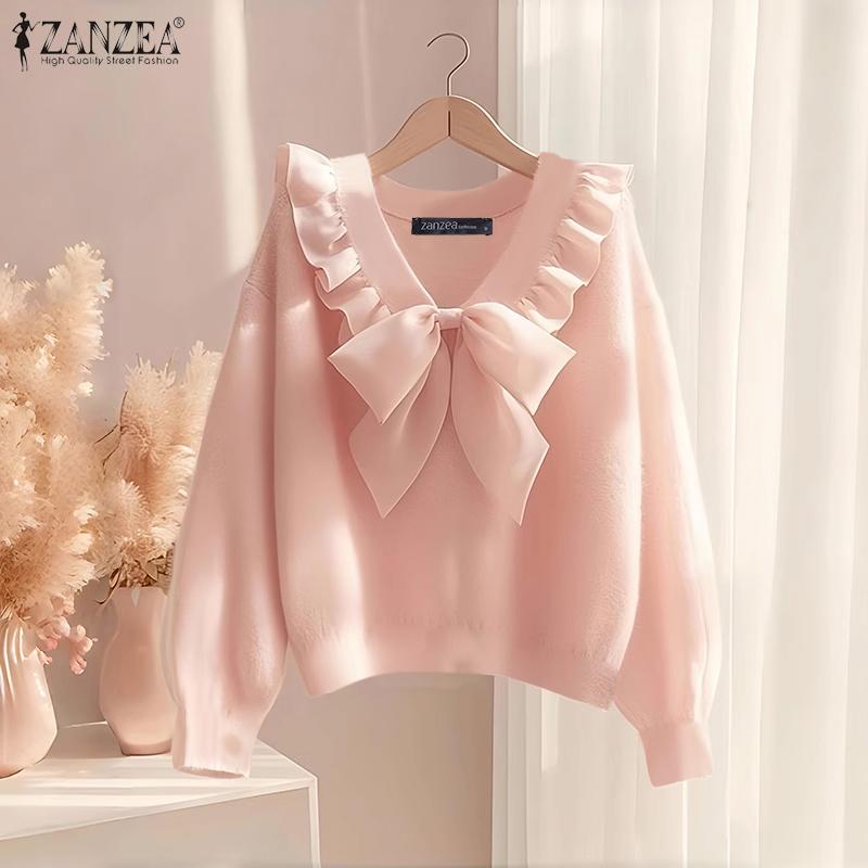 ZANZEA Women Bows Splice V-Neck Casual Long Sleeve Blouse