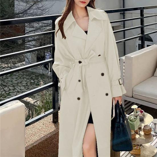 Женское двубортное длинное пальто-тренч, ветрозащитное тонкое пальто с лацканами и поясом, ветровка, куртка на весну и осень