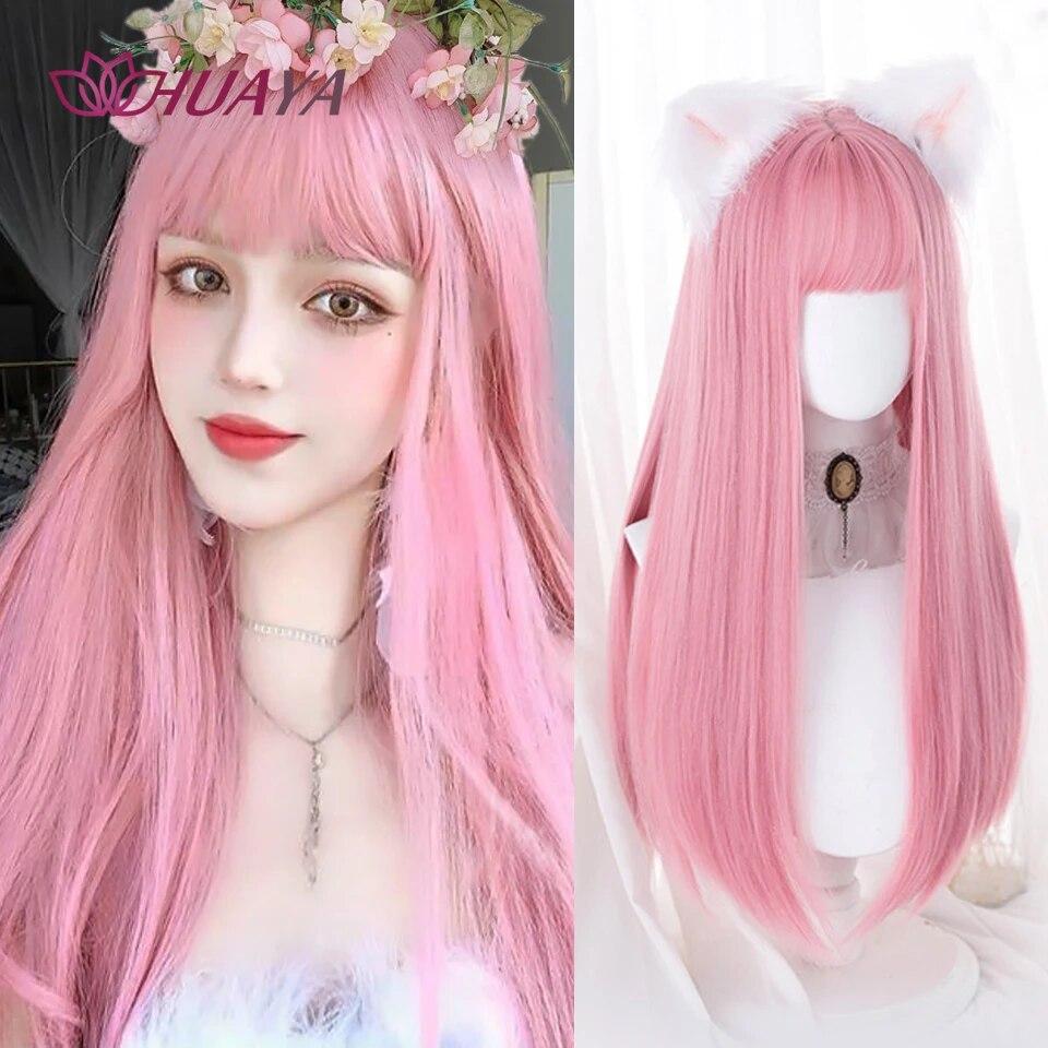 Синтетический длинный прямой розовый парик женский косплей парик с челкой термостойкое волокно повседневные накладные волосы для вечеринок
