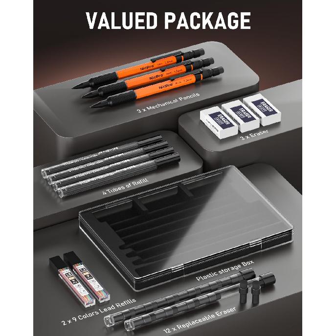 Nicpro Набор из 3 оранжевых механических карандашей 1,3 мм с 66 стержнями и 3 ластиками - Погодоустойчивый металлический корпус, Прочный плотницкий карандаш MP2000 для