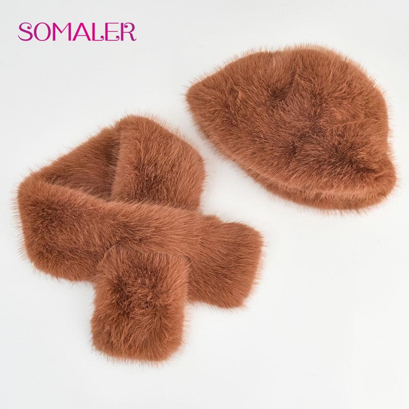 SOMALER Зимняя шапка из искусственного меха, шарф, комплект для женщин и девочек, теплые красочные шапки-ведра с шарфами