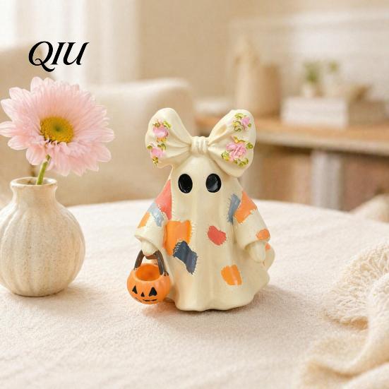 Desktop Soft Decoration Items Halloween Bow Ghost Figurine Tabletop Ornament, Cute Resin Statue with Jack O Lantern Ornaments Pumpkin Basket,