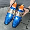 FashionLuxury Blue Patent Leather Pointed Toe Shoes Men Fashion Rivet Wedding Shoes for Men Loafers Party Formal Dress Man Shoes 2024