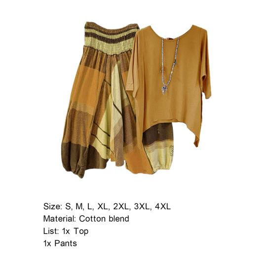 1 комплект, футболка, брюки, клетчатый узор, эластичный пояс, летняя блузка с неровным подолом, широкие брюки, уличная одежда