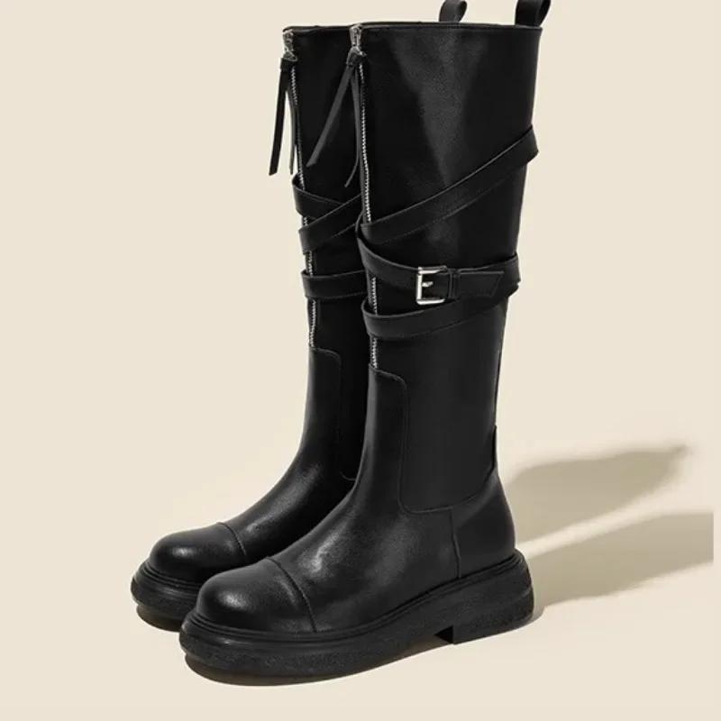 Модная женская обувь 2024 года, высококачественные женские сапоги на молнии, модные современные сапоги с пряжкой на ремне, женские сапоги с круглым носком, высокие сапоги до колена