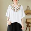 Хлопковая блузка с вышивкой, v-образный вырез, короткий рукав, женский летний корейский свободный топ