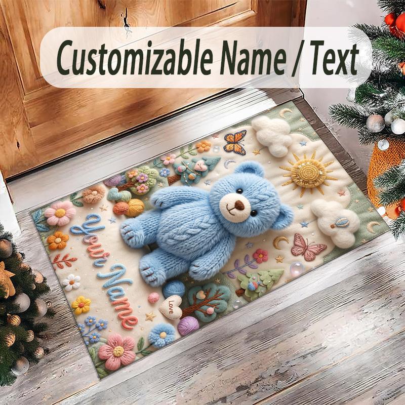 Teddy Bear Theme Crystal Velvet Rug Personalized Custom Name Text Soft Floor Mat Home Decor