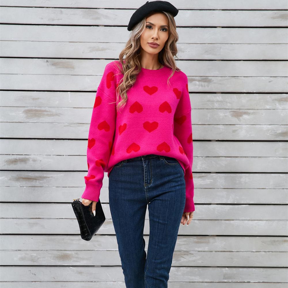 2025 Осень и Зима Любовный Свитер Милый Пуловер с Круглым Вырезом Большого Размера Свитер с Персиковым Сердцем