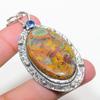 Bamboo Jasper, Blue Topaz 925 Sterling Silver Jewelry Pendant 2.76" L6v71