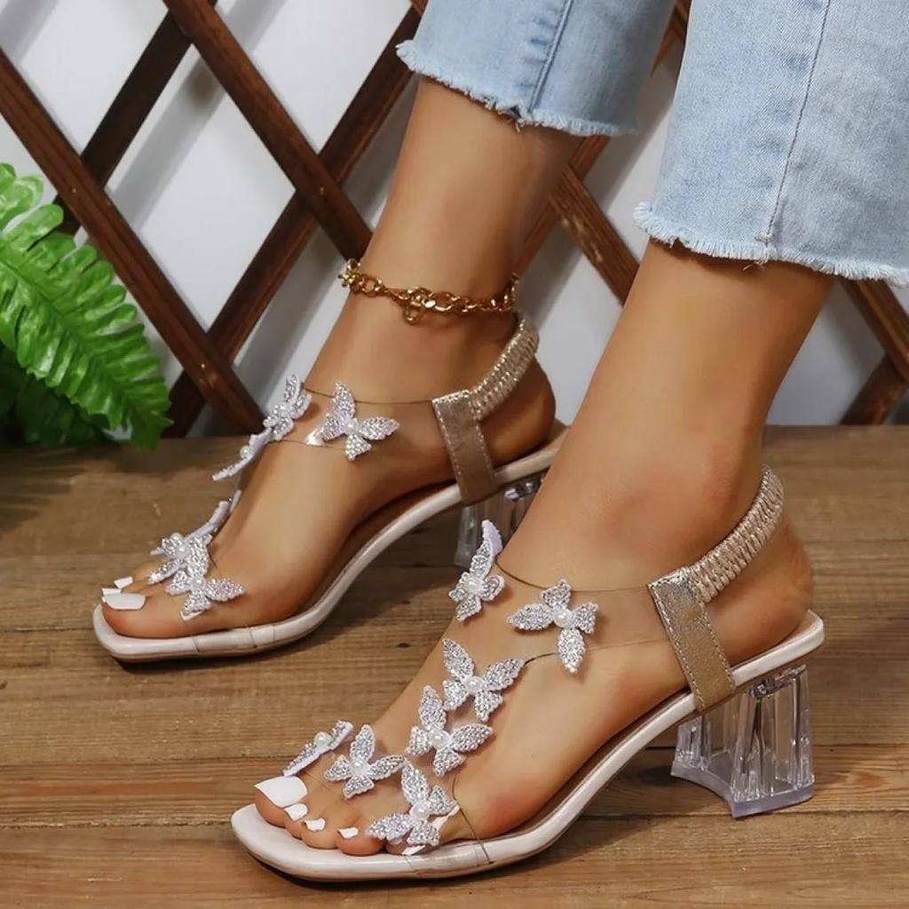 Fashion New Thick Heel Sandals for Women Large Size Casual Sandals Rhinestone High Heels Women's Shoes Metal Butterfly Party Wedding