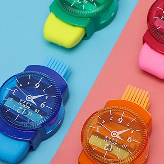 2 шт. точилки для карандашей с ластиками-кисточками, симпатичные в форме часов, многофункциональные, острые лезвия, заточка, пластиковые, 3 в 1, для школьников, режущие машинки